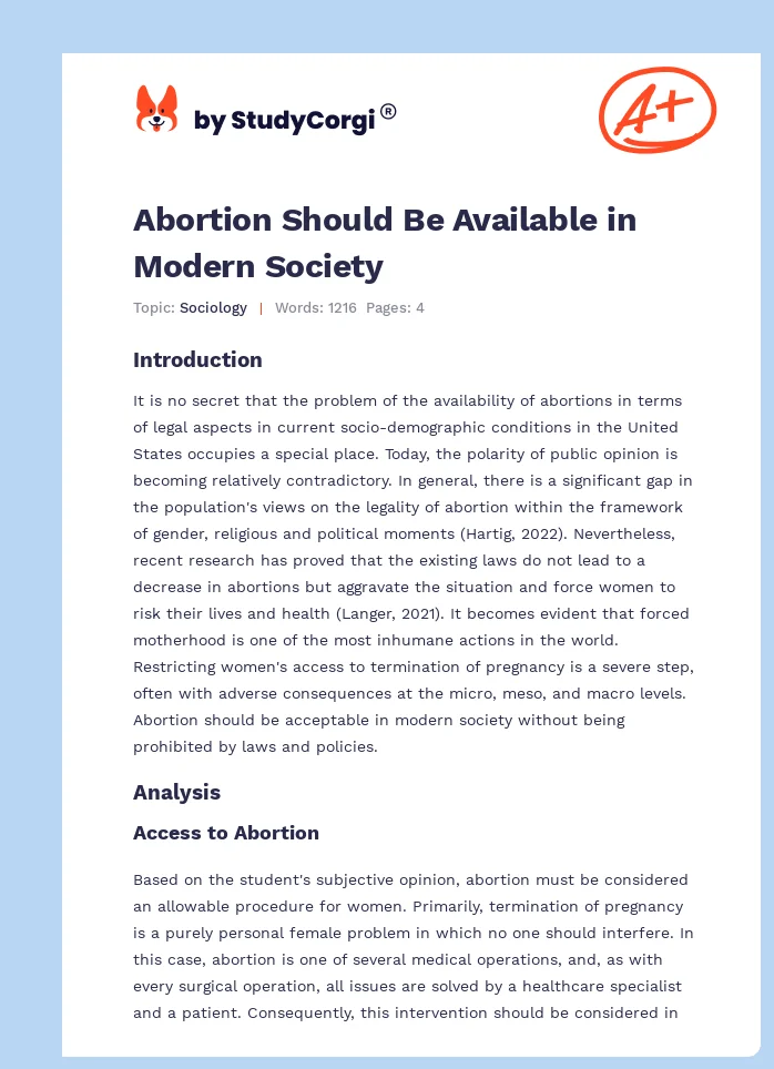 Abortion Should Be Available in Modern Society. Page 1