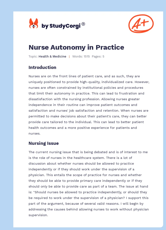Nurse Autonomy in Practice. Page 1