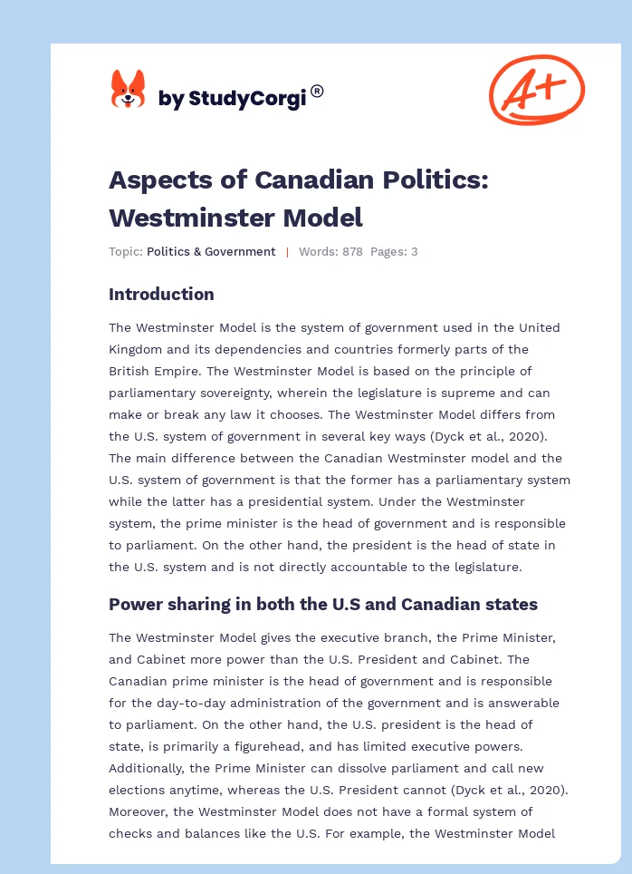 Aspects of Canadian Politics: Westminster Model. Page 1