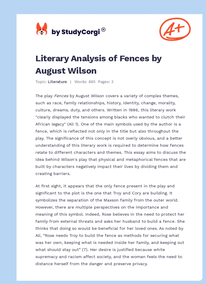Literary Analysis of Fences by August Wilson. Page 1