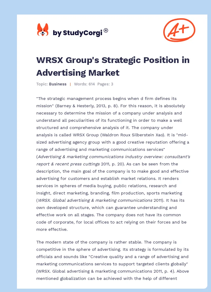 WRSX Group's Strategic Position in Advertising Market. Page 1