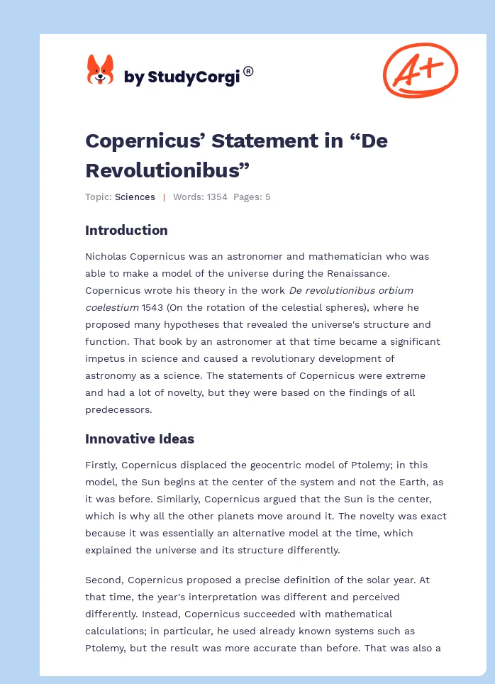 Copernicus’ Statement in “De Revolutionibus”. Page 1