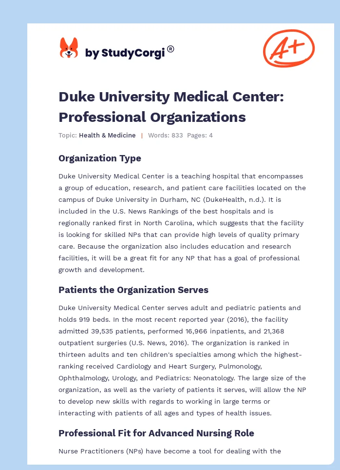 Duke University Medical Center: Professional Organizations. Page 1