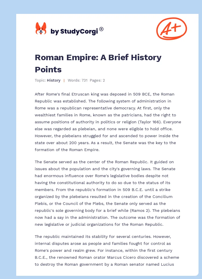 Roman Empire: A Brief History Points. Page 1