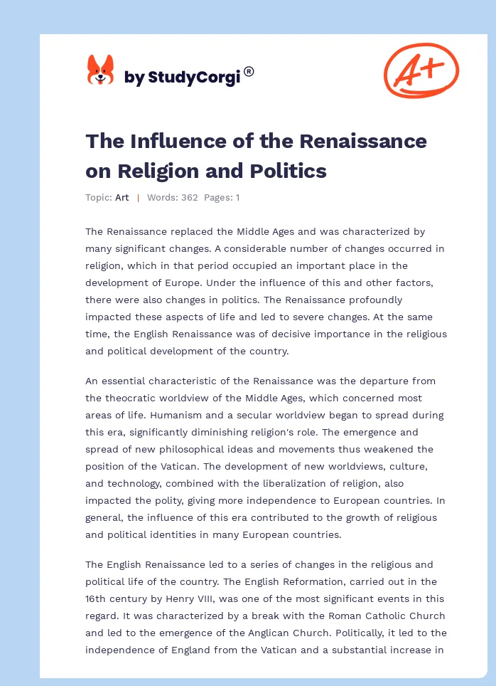 The Influence of the Renaissance on Religion and Politics. Page 1