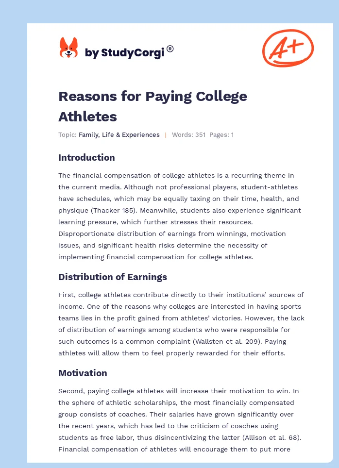 Reasons for Paying College Athletes. Page 1