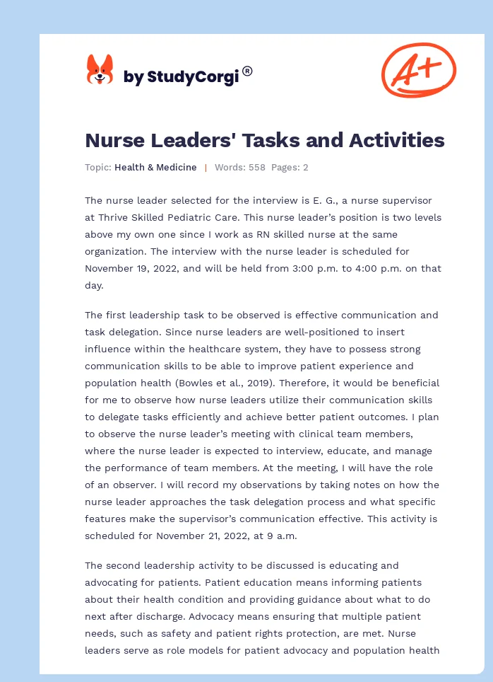 Nurse Leaders' Tasks and Activities. Page 1