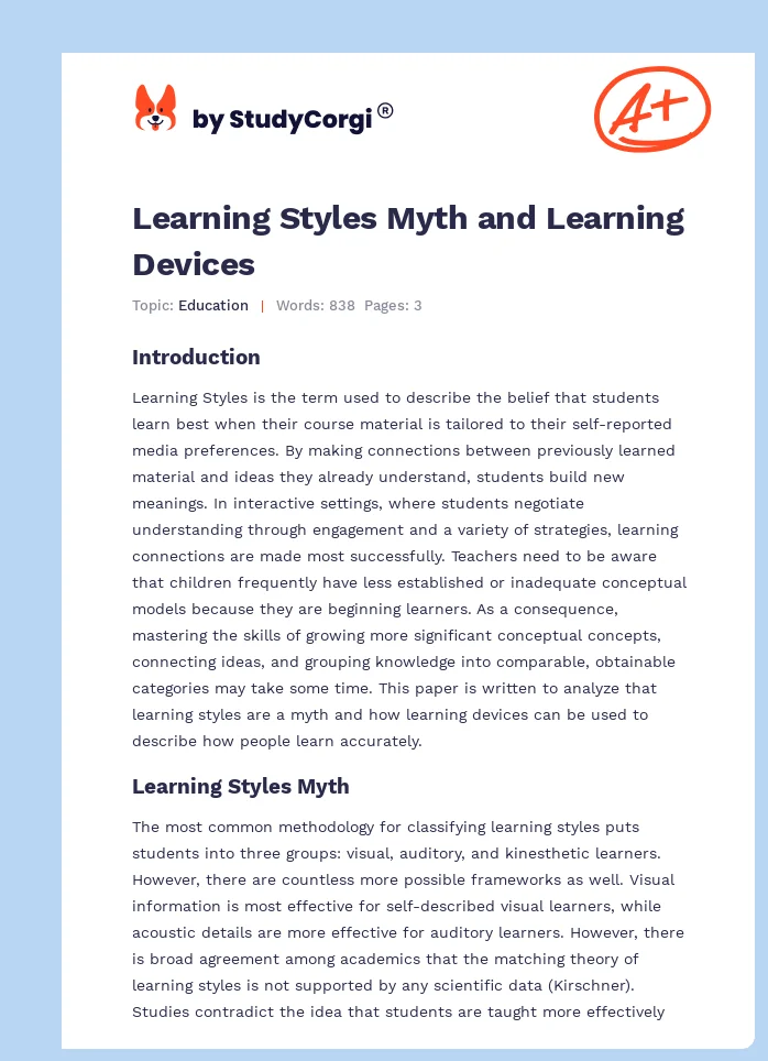 Learning Styles Myth and Learning Devices. Page 1