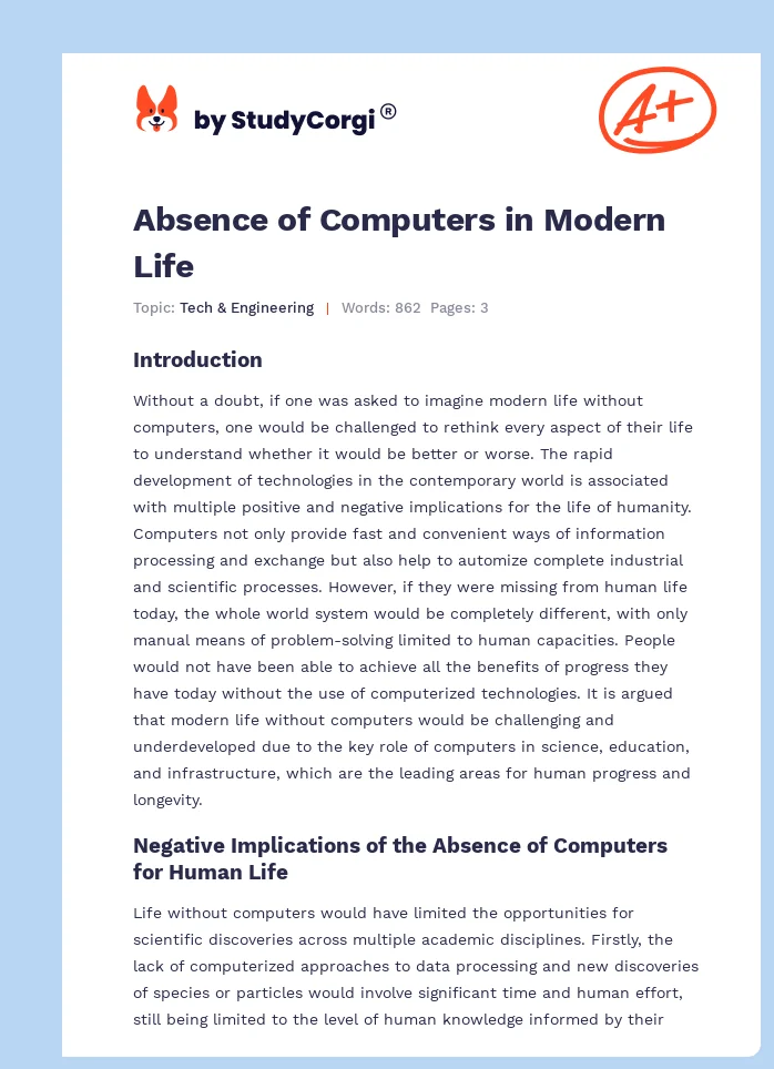 Absence of Computers in Modern Life. Page 1