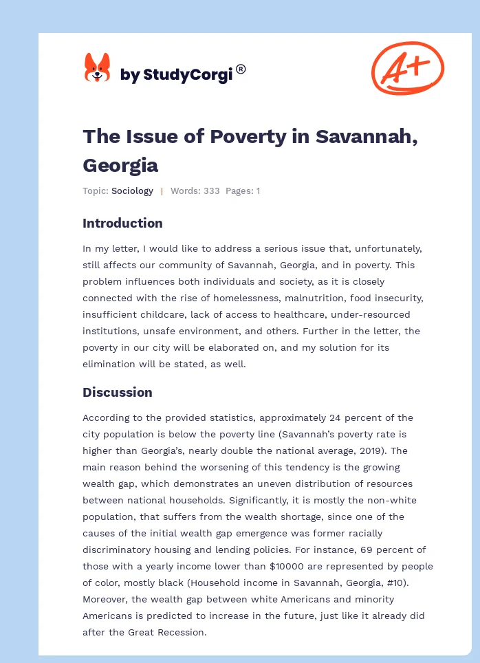 The Issue of Poverty in Savannah, Georgia. Page 1