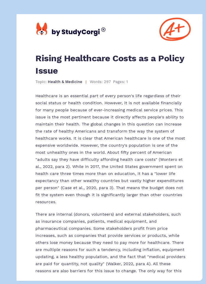 Rising Healthcare Costs as a Policy Issue. Page 1
