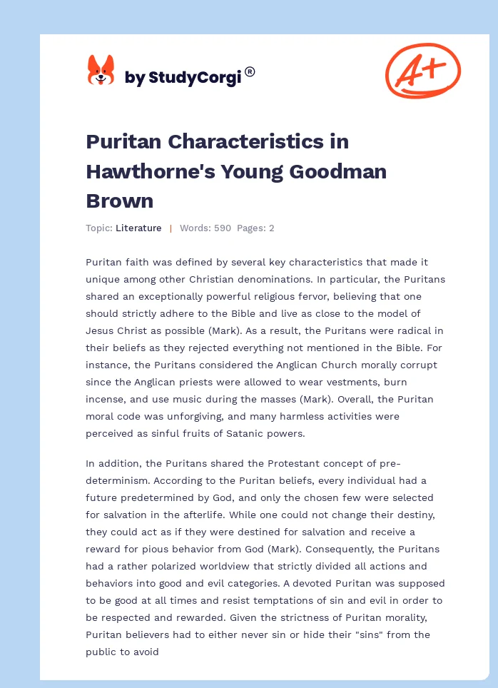 Puritan Characteristics in Hawthorne's Young Goodman Brown. Page 1