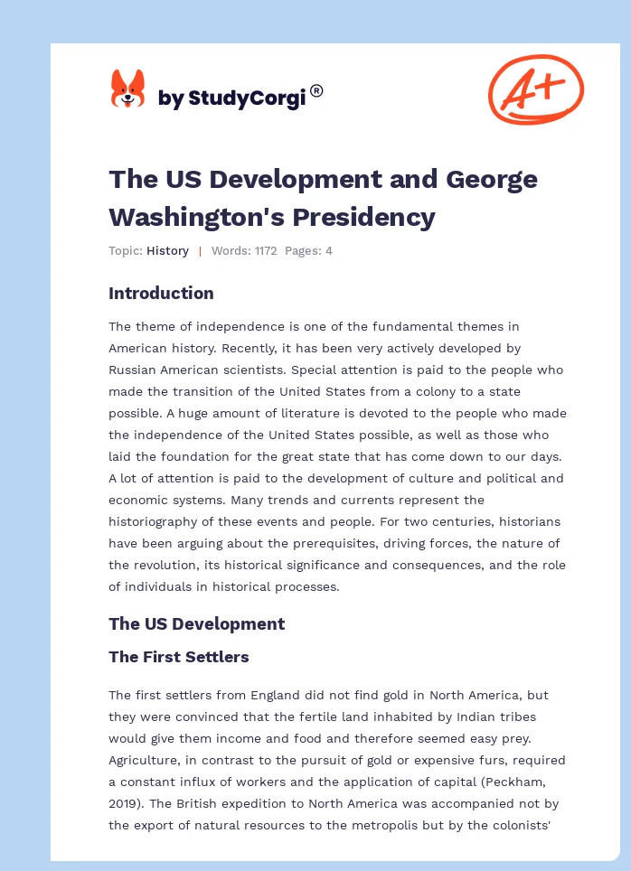 The US Development and George Washington's Presidency. Page 1