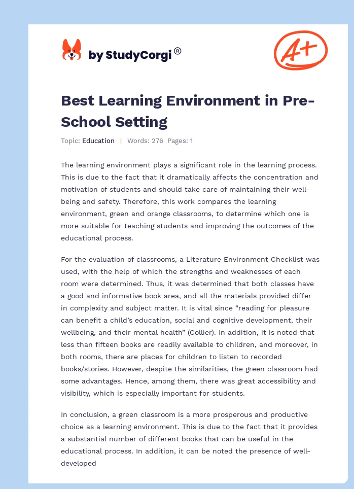 Best Learning Environment in Pre-School Setting. Page 1