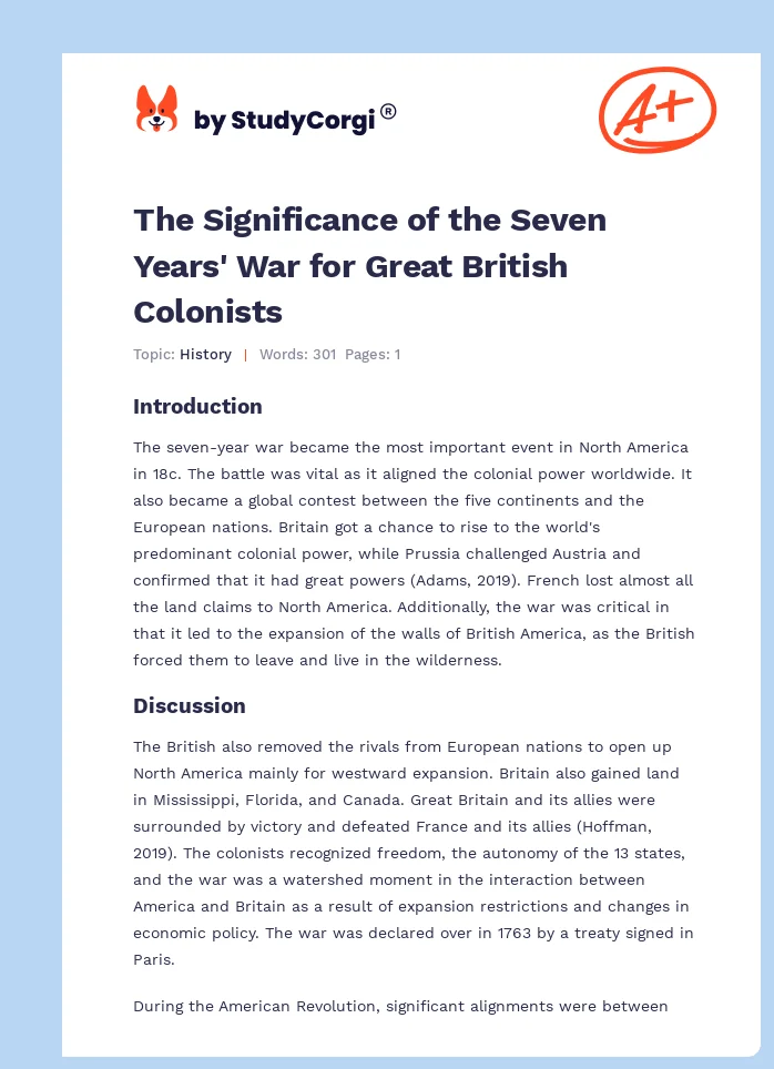 The Significance of the Seven Years' War for Great British Colonists. Page 1