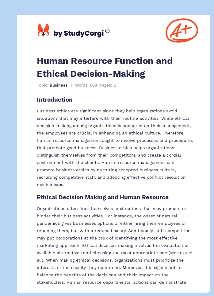 Human Resource Function and Ethical Decision-Making. Page 1