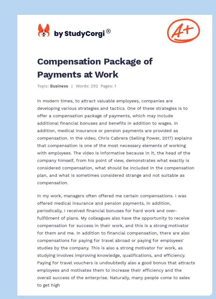 Compensation Package of Payments at Work. Page 1