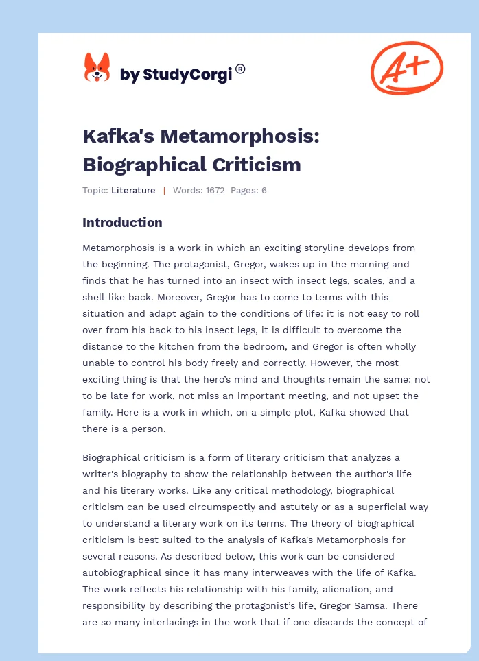 Kafka's Metamorphosis: Biographical Criticism. Page 1
