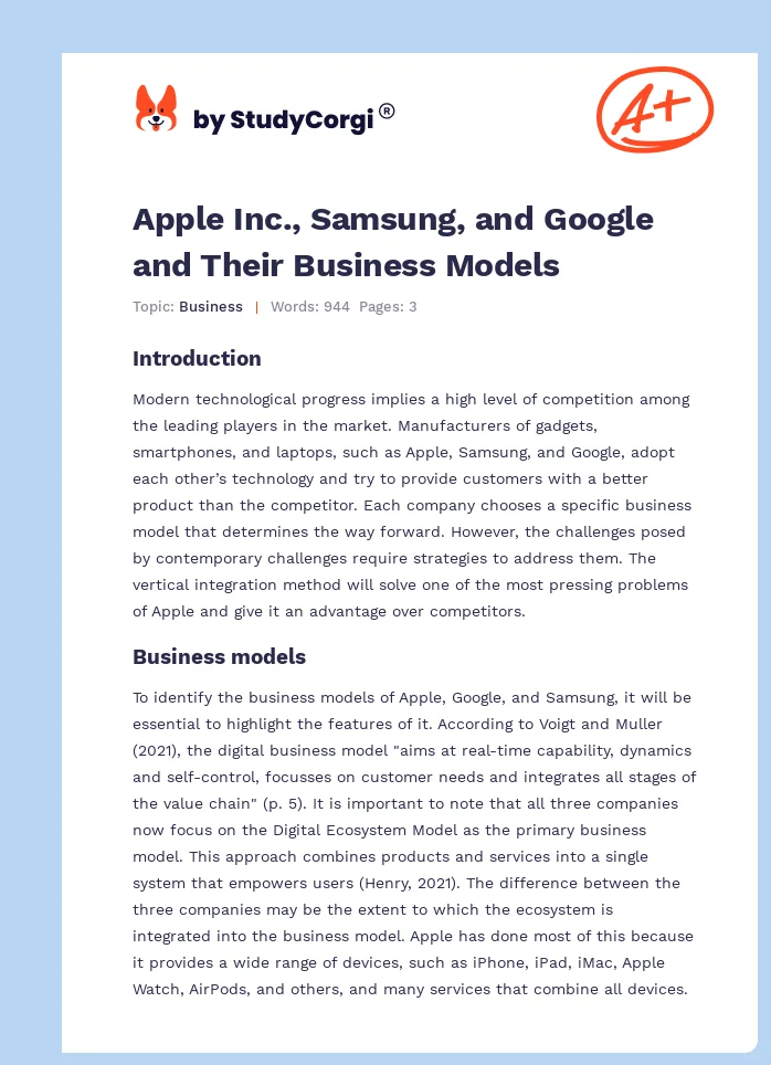Apple Inc., Samsung, and Google and Their Business Models. Page 1