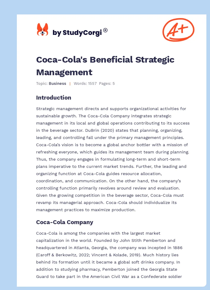 Coca-Cola's Beneficial Strategic Management. Page 1