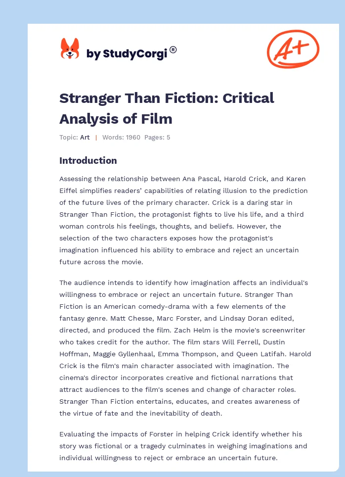 Stranger Than Fiction: Critical Analysis of Film. Page 1