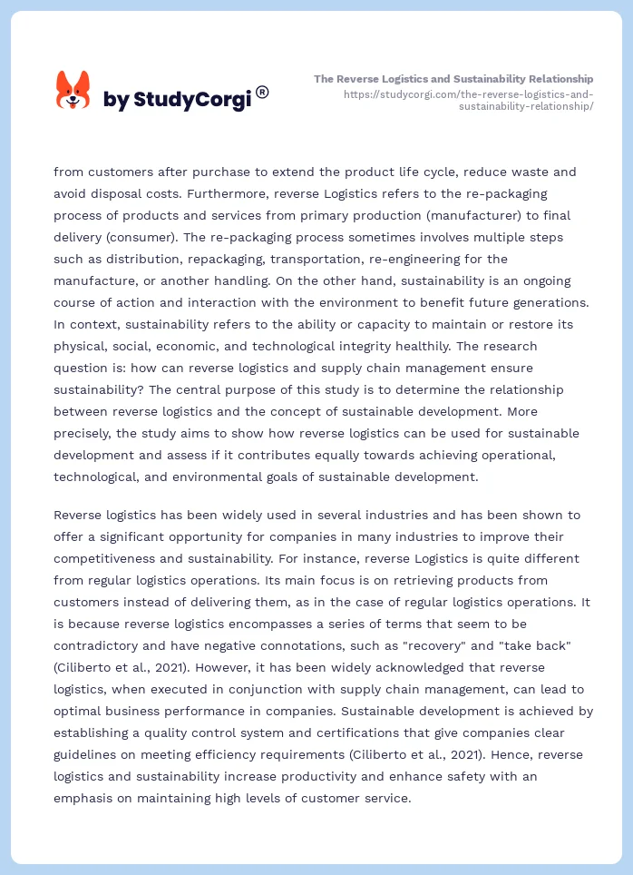 The Reverse Logistics and Sustainability Relationship. Page 2