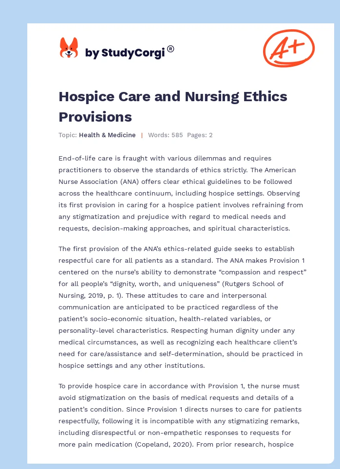 Hospice Care and Nursing Ethics Provisions. Page 1
