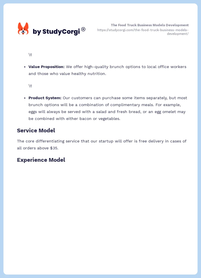 The Food Truck Business Models Development. Page 2