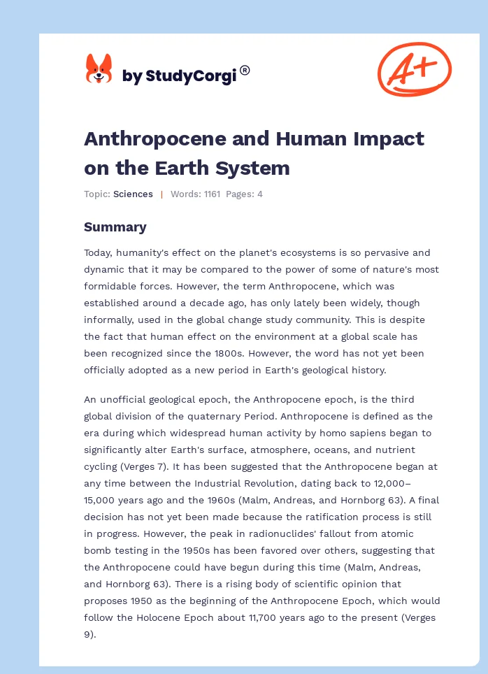 Anthropocene and Human Impact on the Earth System. Page 1