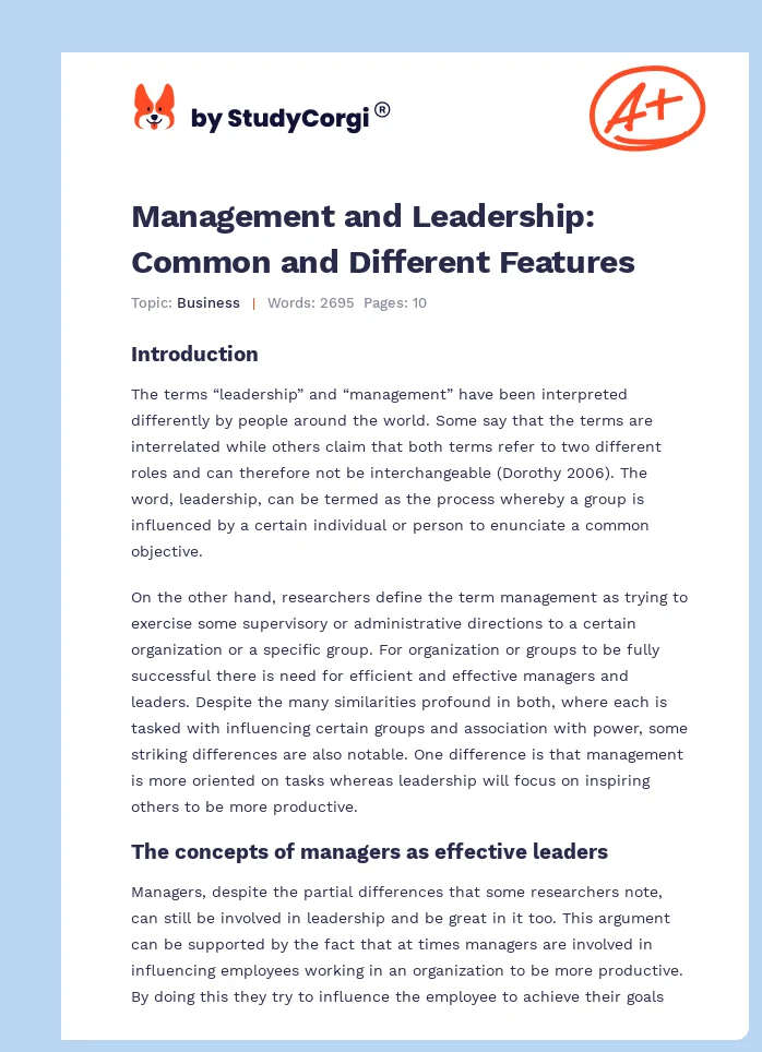 Management and Leadership: Common and Different Features. Page 1