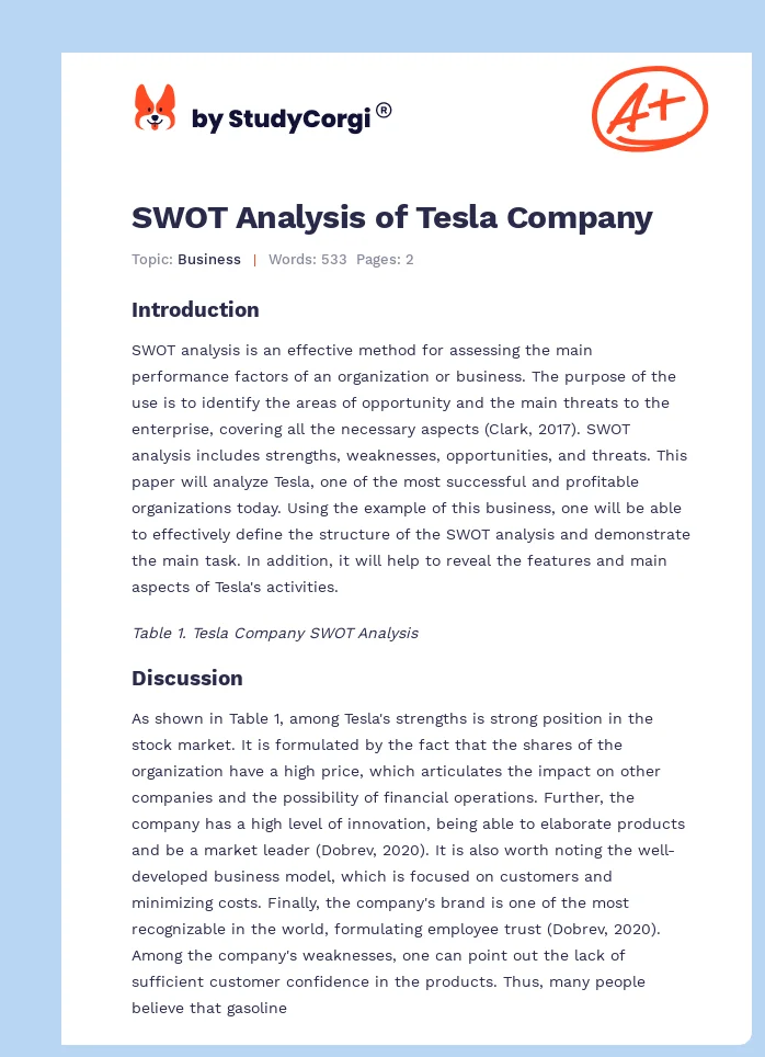 SWOT Analysis of Tesla Company. Page 1