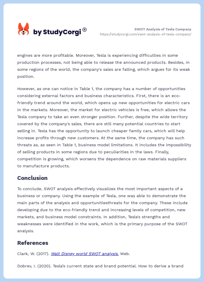 SWOT Analysis of Tesla Company. Page 2