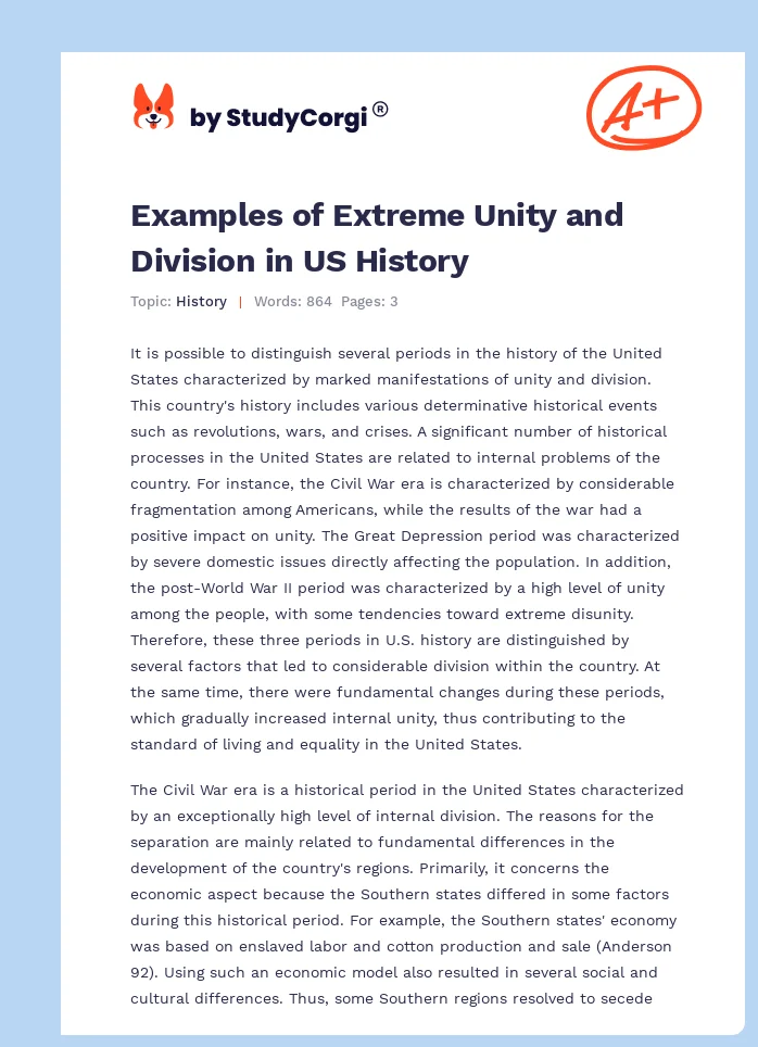 Examples of Extreme Unity and Division in US History. Page 1