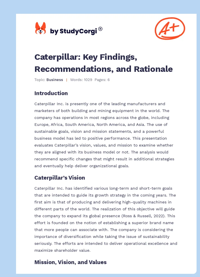 Caterpillar: Key Findings, Recommendations, and Rationale. Page 1