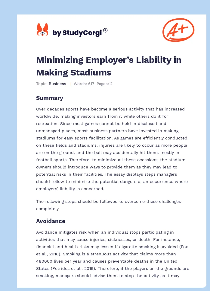 Minimizing Employer’s Liability in Making Stadiums. Page 1