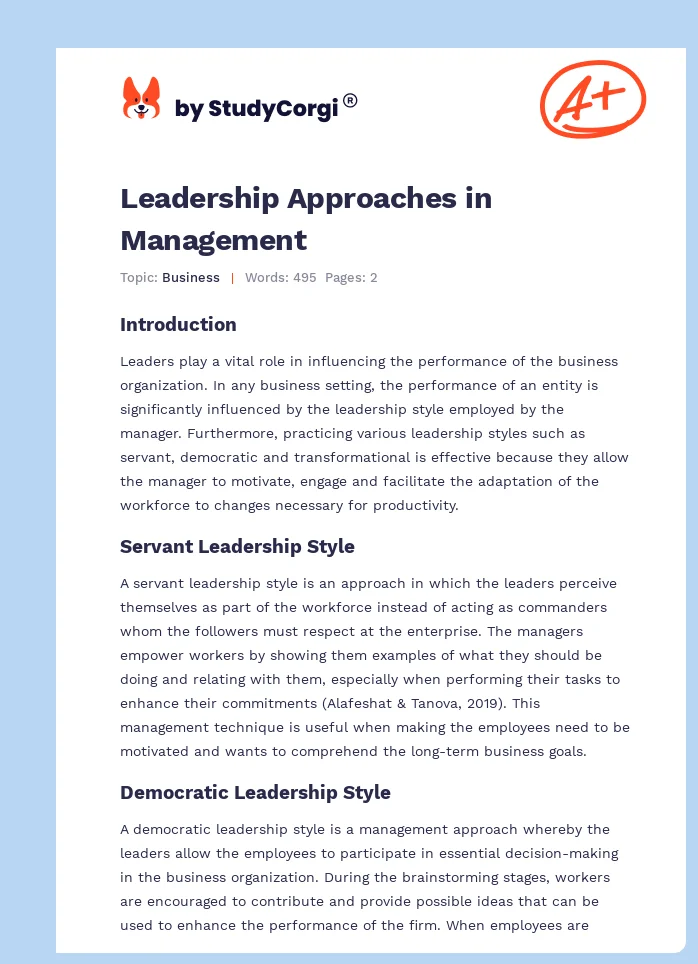 Leadership Approaches in Management. Page 1