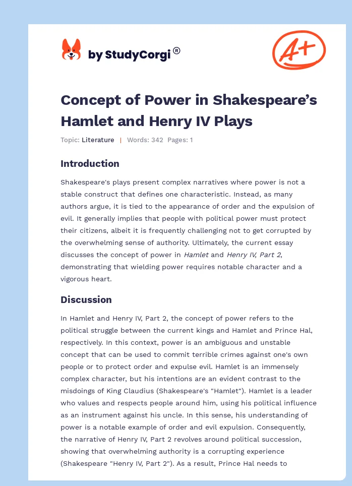 Concept of Power in Shakespeare’s Hamlet and Henry IV Plays. Page 1