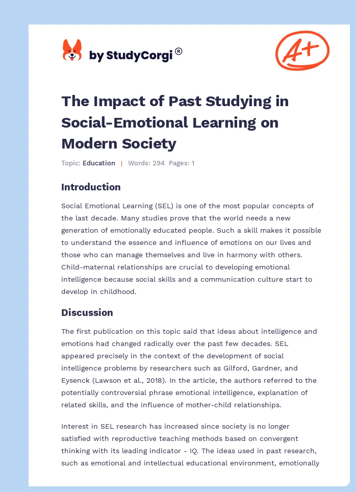 The Impact of Past Studying in Social-Emotional Learning on Modern Society. Page 1