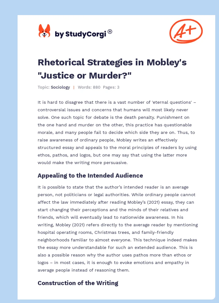 Rhetorical Strategies in Mobley's "Justice or Murder?". Page 1