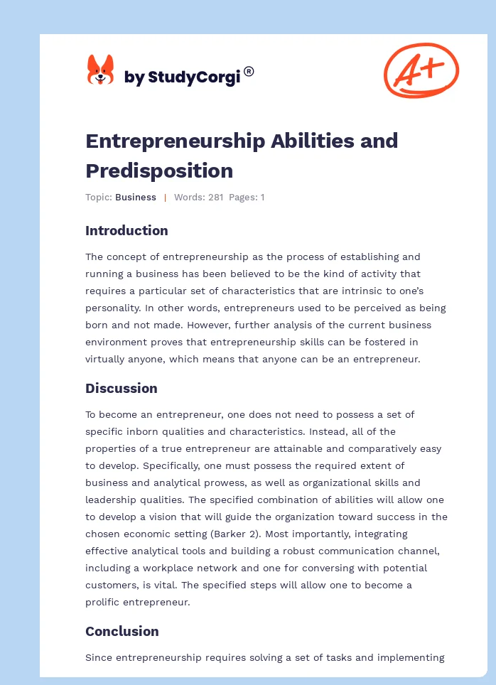 Entrepreneurship Abilities and Predisposition. Page 1