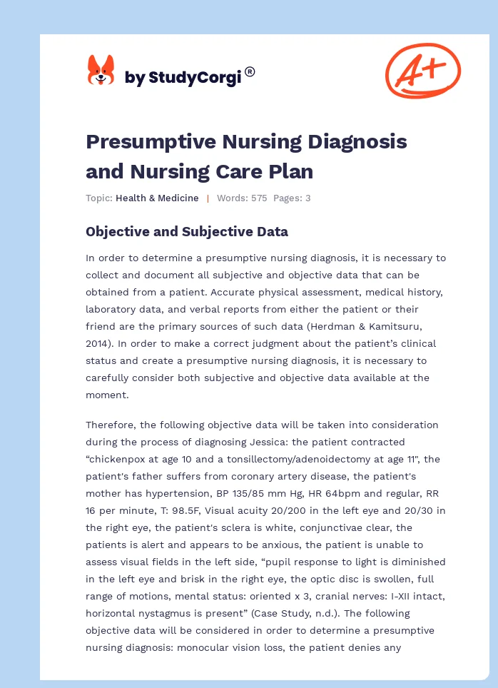 Presumptive Nursing Diagnosis and Nursing Care Plan. Page 1