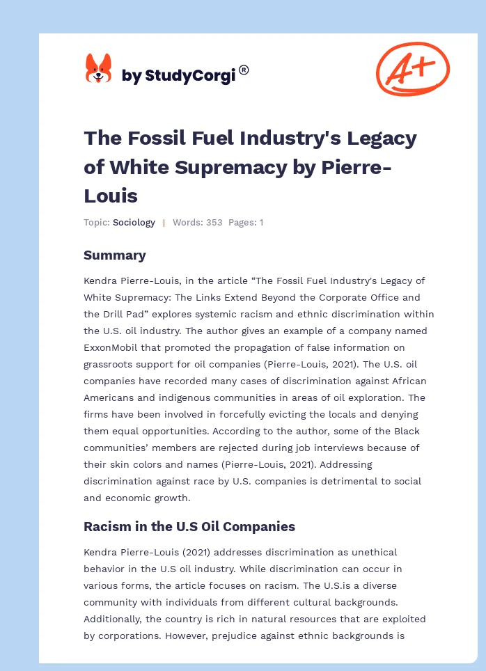 The Fossil Fuel Industry's Legacy of White Supremacy by Pierre-Louis. Page 1