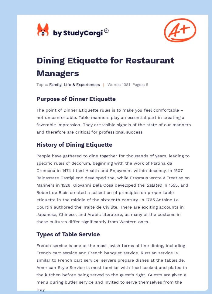 Dining Etiquette for Restaurant Managers. Page 1