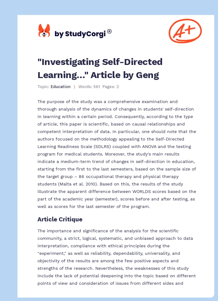 "Investigating Self-Directed Learning…" Article by Geng. Page 1