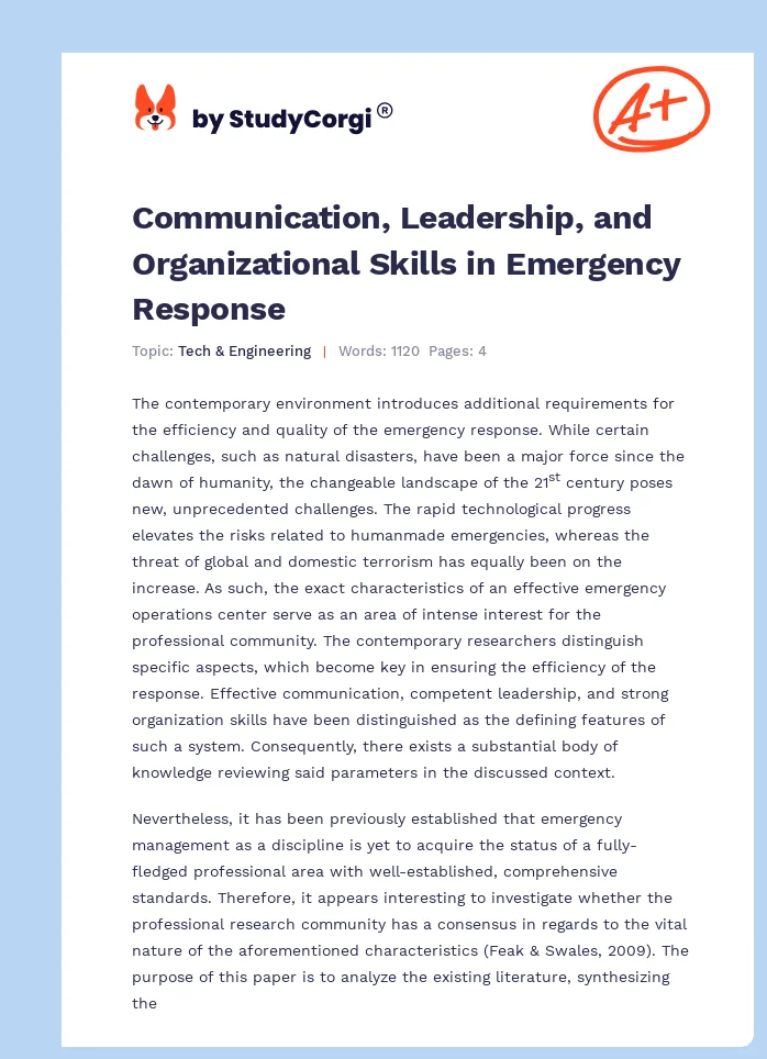 Communication, Leadership, and Organizational Skills in Emergency Response. Page 1