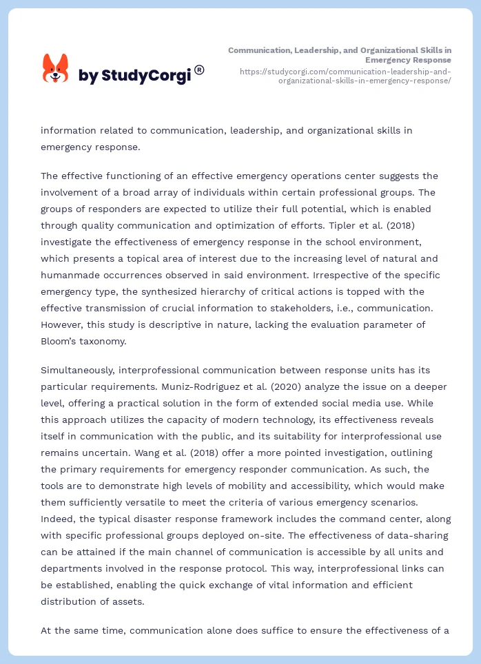 Communication, Leadership, and Organizational Skills in Emergency Response. Page 2