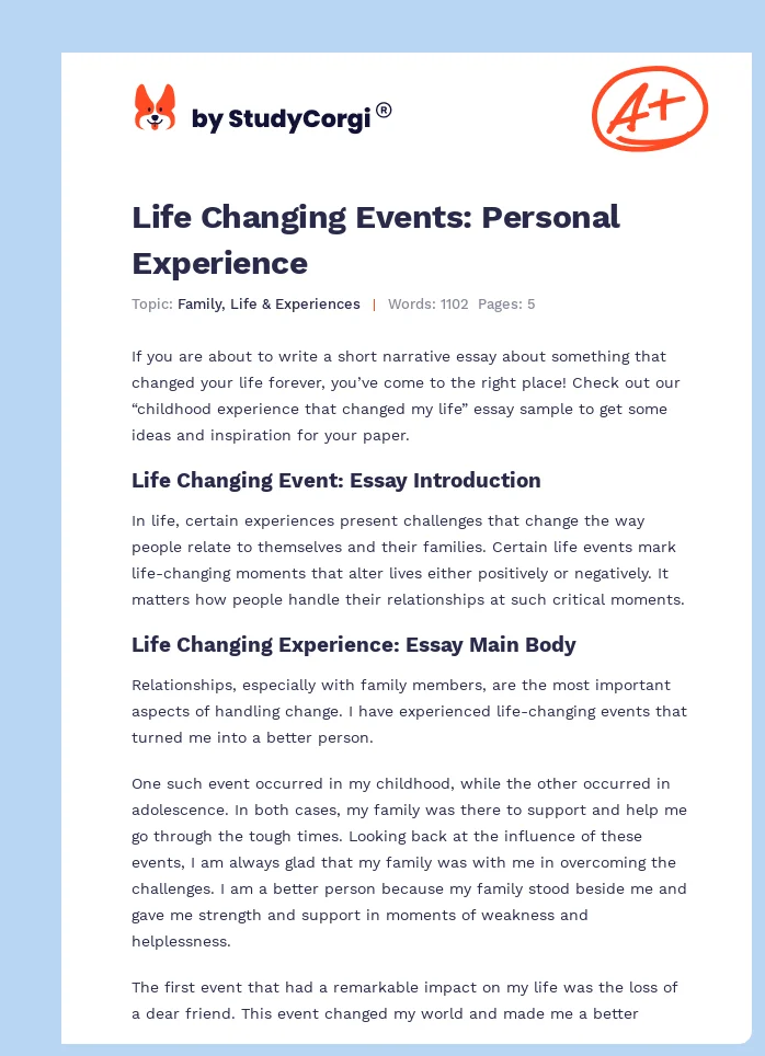 Life Changing Events: Personal Experience. Page 1