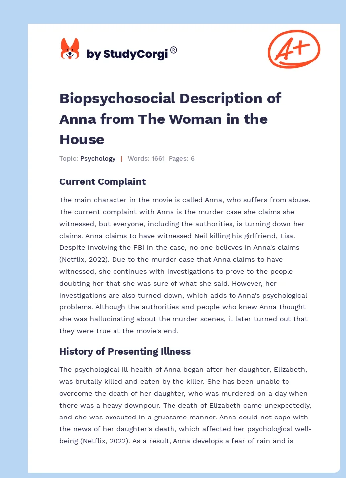 Biopsychosocial Description of Anna from The Woman in the House. Page 1