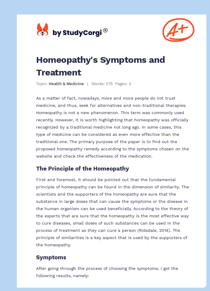 Homeopathy's Symptoms and Treatment. Page 1