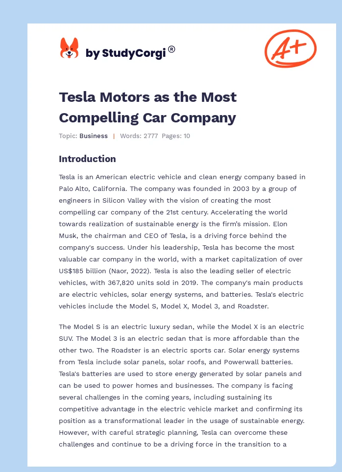 Tesla Motors as the Most Compelling Car Company. Page 1